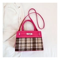 Detail of elegant magenta leather and plaid tweed stitching with silver twist lock - Rose Red 6011