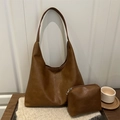 Brown faux leather large tote bag set with matching pouch and vintage texture finish - Brown