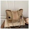 Beige high-capacity tote bag with striped patches and drawstring on gray fabric - Khaki