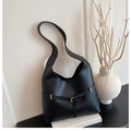 Minimalist black matte leather hobo shoulder bag with a decorative gold buckle detail - Black