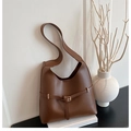 Minimalist vintage brown leather shoulder bag with decorative knotted buckle strap detail - Brown