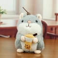 Cute gray and white plush hamster keychain holding a yellow bubble tea cup charm - Bubble Tea (Gray) / Gray / About 15cm
