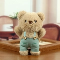 Cute teddy bear plush keychain wearing mint green suspenders with wooden buttons - Tan