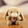 Cute brown plush bunny keychain with pink plaid bib and lace drooping long ears toy - About 13cm / Brown