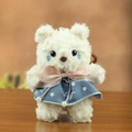 White teddy bear plush keychain wearing blue floral dress and pink bow tie accessory - Pink Bow