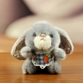 Cute grey plush bunny keychain with blue checkered bib and long ears hanging charm - About 13cm / Gray