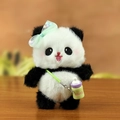 Cute panda plush keychain with green ribbon bow and a small milk bottle accessory - Purple