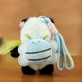 Cute panda plush keychain with blue bee detail and pink flower on soft black white fur - K Blue Bee Design / About 12cm