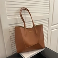 Minimalist large brown faux leather tote bag for women with long shoulder straps - Brown