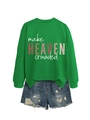 Detail von Make Heaven Crowded olivgrünes Sweatshirt mit zerrissenen Denim-Shorts - S / Grasgrün (Weißer Druck)
