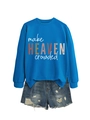 Detail of royal blue sweatshirt with make HEAVEN crowded text and denim shorts - Lake Blue (White Print)