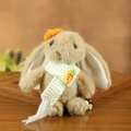 Cute beige plush bunny keychain with white knitted scarf and carrot charm pendant - Rabbit with Carrot / Brown