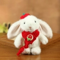 White plush bunny keychain with red scarf and strawberry accent for backpacks - Strawberry Rabbit / White