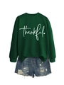 Detail of thankful script embroidery and heart motif on dark green sweatshirt fabric - Dark Green (White Font)