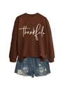 Detail of thankful heart print on brown sweatshirt paired with distressed denim shorts - Coffee (White Font)