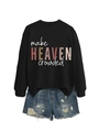 Detail of black sweatshirt with colorful Make Heaven Crowded text and denim shorts - Black (White Print)