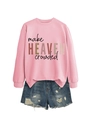Detail of pink sweatshirt with make HEAVEN crowded print and distressed denim shorts - Pink (Black Print)