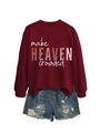 Flat lay of wine red graphic sweatshirt with blue distressed denim shorts set - Wine Red (White Print)