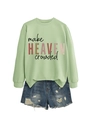 Flat lay of light green sweatshirt with make heaven crowded print and denim shorts - Olive Green (Black Print)