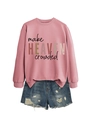 Flat lay of pink sweatshirt with 'make HEAVEN crowded' text and ripped denim shorts - Rose Gold (Black Print)