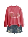 Detail of red crewneck sweatshirt with Make Heaven Crowded print and denim shorts - Red (White Print)