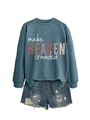 Close-up of make heaven crowded letter print on navy blue long sleeve sweatshirt fabric - Blue (White Print)