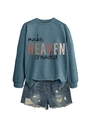Flat lay of blue-grey sweatshirt with make HEAVEN crowded text and ripped denim shorts - Blue (Black Print)