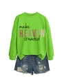 Detail of make heaven crowded lettering on green sweatshirt and distressed denim shorts - Fluorescent Green (Black Print)