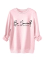Detail of pink crewneck sweatshirt featuring Be Yourself embroidered text and ribbed cuffs - S / Pink