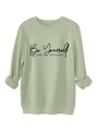 Detail of sage green sweatshirt with Be Yourself slogan print and ribbed cuffs - S / Olive Green