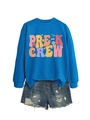 Detalle de la sudadera azul real Pre-K Crew con estampado vintage y pantalones cortos - S / Gráfico Pre-K Crew / Azul lago