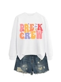 Flat lay of Pre-K Crew white sweatshirt paired with distressed blue denim shorts - S / Pre-K Crew Graphic / White