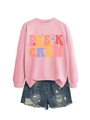 Detail of pink PRE-K CREW sweatshirt paired with distressed denim shorts for kids - S / Pre-K Crew Graphic / Pink