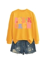 Detail of Pre-K Crew yellow sweatshirt with colorful print and distressed denim shorts - S / Pre-K Crew Graphic / Yellow