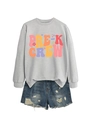 Flat lay of Pre-K Crew gray sweatshirt and distressed denim shorts school outfit - S / Pre-K Crew Graphic / Gray