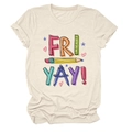 Close-up of Fri Yay pencil graphic print on beige crew neck short sleeve cotton T-shirt - Sand (Black Text)
