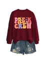 Detail of burgundy Pre-K Crew sweatshirt with retro floral print and distressed denim shorts - S / Pre-K Crew Graphic / Burgundy