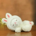 Cute white bunny plush toy in sleeping pose with soft long fur and pink details - White Rabbit