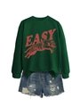 Detail of green tiger print sweatshirt with EASY text and distressed denim shorts - S / Dark Green