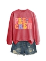 Close-up of Pre-K Crew red sweatshirt with floral print and frayed denim shorts details - S / Pre-K Crew Graphic / Red