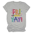 Detail of grey Fri Yay t-shirt with colorful pencil and stationery graphic print - Light Grey (Black Text)