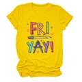 Detail of colorful 'FRI-YAY' school stationery graphic on a yellow cotton t-shirt - Yellow (Black Text)