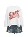 Flat lay of white sweatshirt with tiger graphic, EASY print and ripped denim shorts - S / White