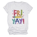 Detail of white cotton T-shirt featuring colorful Fri Yay pencil graphic and school icons - White (Black Text)