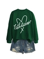 Detail of dark green Esthetician sweatshirt with heart script logo and denim shorts - S / Dark Green (White Font)