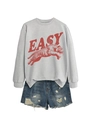 Detail of grey crewneck sweatshirt with red tiger print and distressed denim shorts - S / Gray