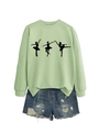 Detail of light green crewneck sweatshirt with black ballerina silhouettes and frayed shorts - Olive Green (Black Font)