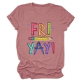 Detail of soft dusty rose T-shirt fabric featuring colorful FRI YAY and pencil print - Rose Gold (Black Text)