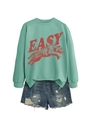 Detail of mint green sweatshirt with Easy tiger print and distressed denim shorts - S / Light Green