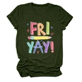 Detail of dark green cotton T-shirt featuring rainbow Fri Yay pencil graphic print - Army Green (White Text)